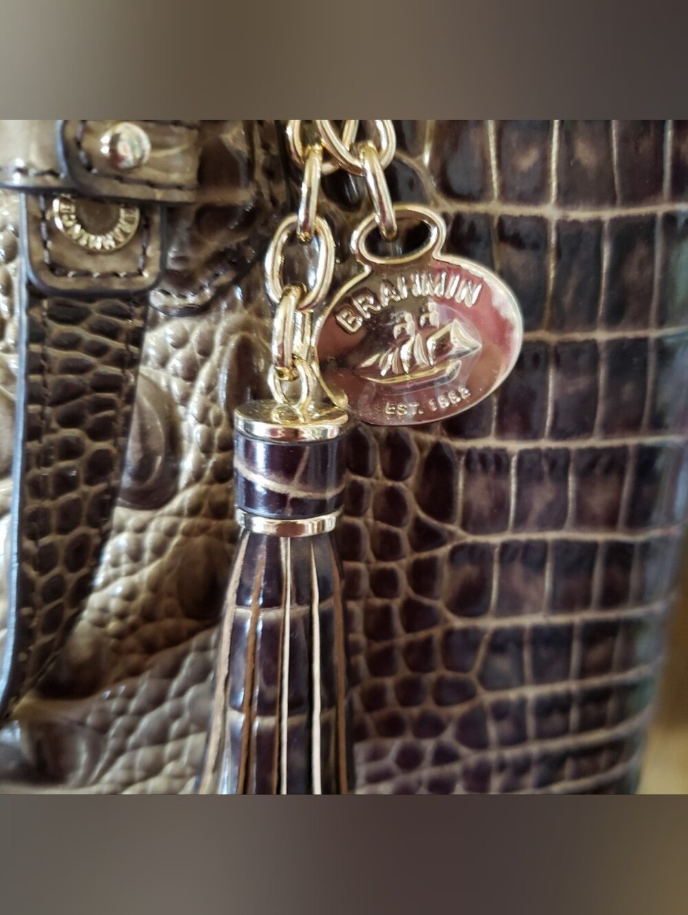 BRAHMIN Croc-Embossed Brown Tote Bag with Tassel Charm - Picture 3 of 7